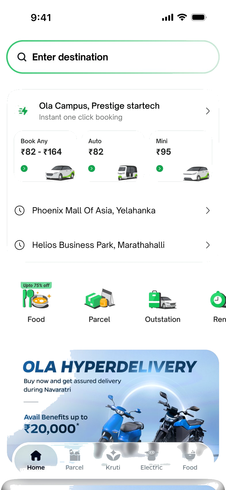 Final OLA home screen scrolled